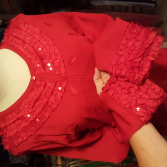 ANN TRINITY ♡ Gorgeous Red Ribbon Sequin Embellished Bling Button Front Blouse M - Picture 14 of 16